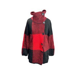 Monroe & Main Red & Black Plaid Button-Up Knit Sweater Jacket With High Collar S